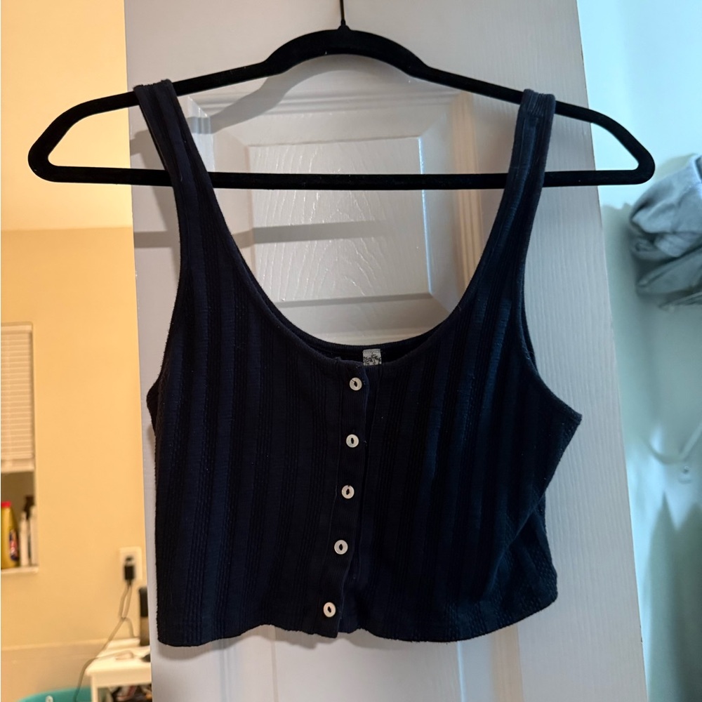 Free People Intimately Line - Navy Ribbed Button-Front Crop Tank
